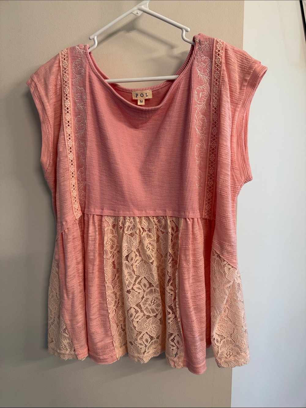 POL Pink Knit Top with Cream Lace Insets